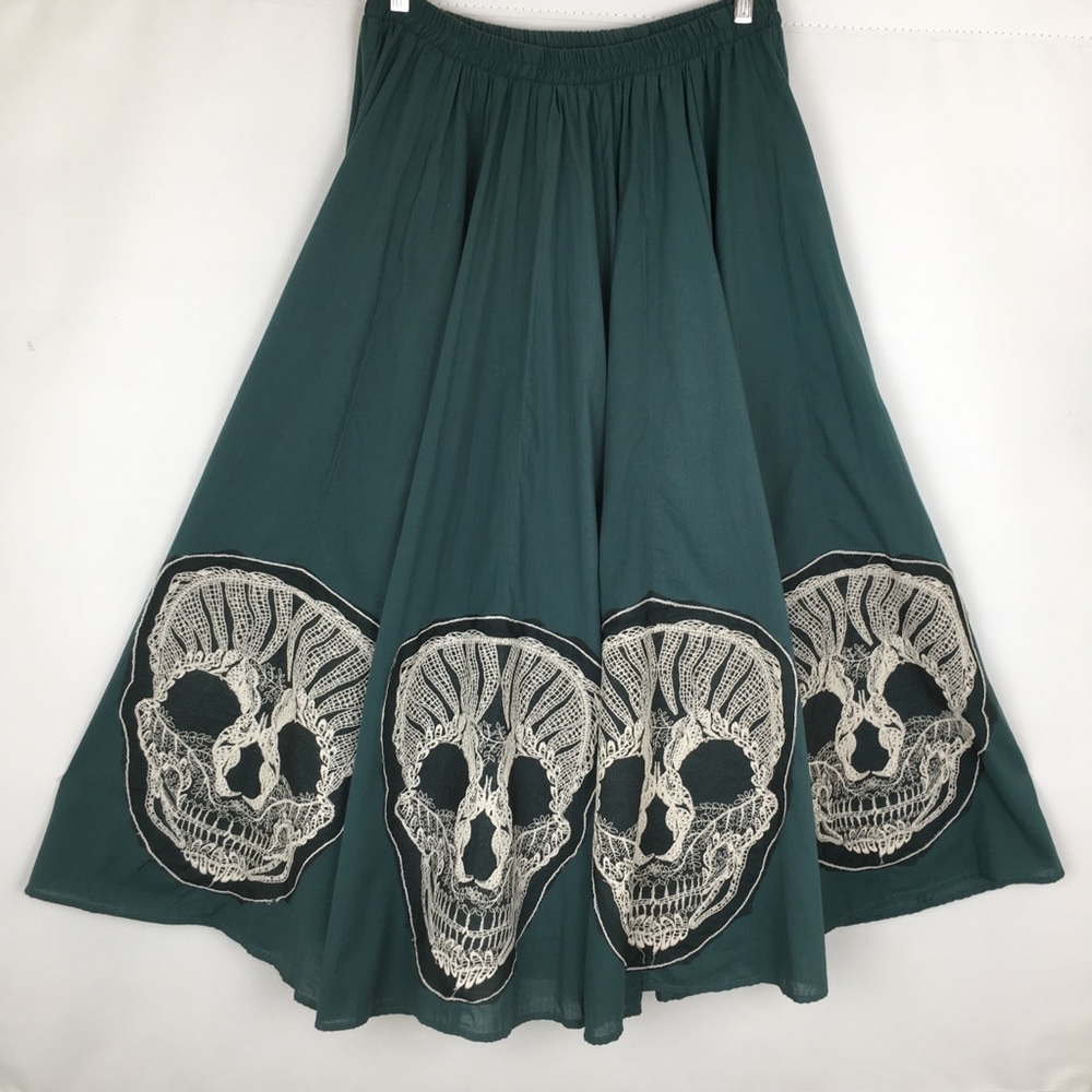 Emerald Green Maxi Skirt Skull Lace Appliqué Cream Gauze Peasant Top Rockabilly - Picture 3 of 15